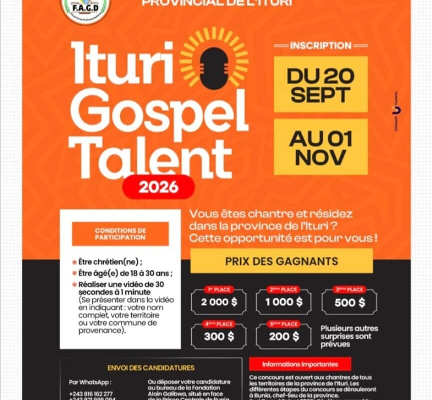 Ituri Gospel Talent 2026 : la Fondation Alain Galibwa lance un concours pour révéler les talents de la province